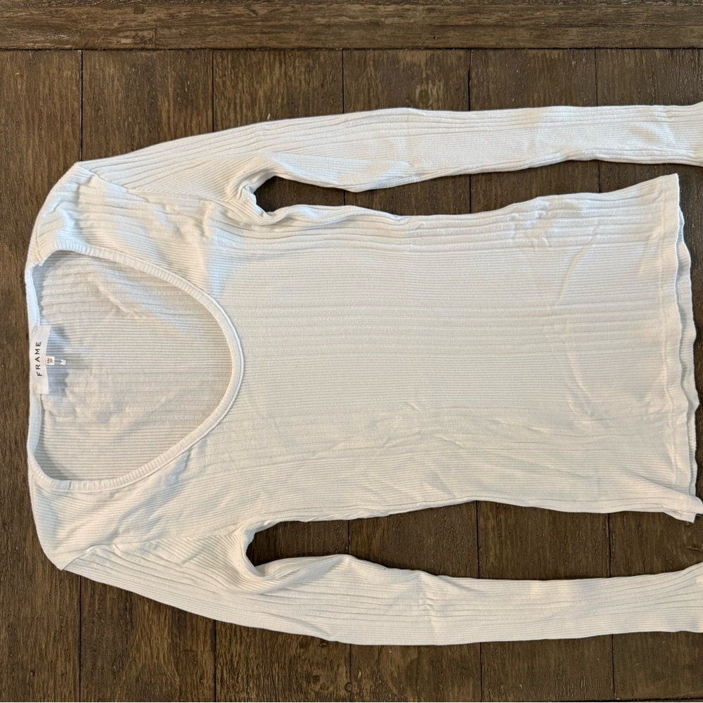 Frame Denim White Ribbed Long Sleeve Scoop Neck Tee - Fitted